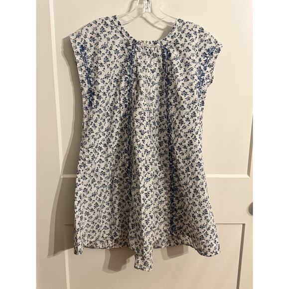 Unknown Tops - Floral Tunic Blouse Womens Medium White Blue 100% Cotton Tie Waist Boho Top